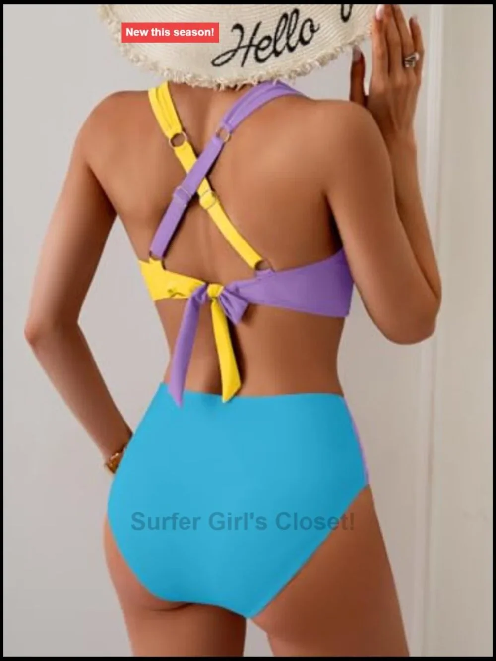 Two Piece Bikini Set Mid Rise Color Block Tie Back Push Up Swimsuit